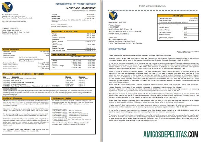 Extrato de hipoteca do Banco Acleda do Camboja, 3 páginas, 1 2 Scr exemplo